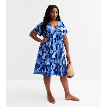 Women's Curve Blue Floral Print V-Neck Smock Dress Blue Vanilla New Look