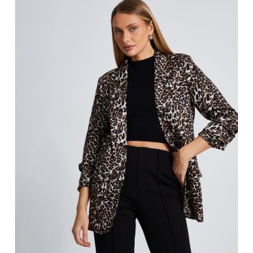 Women's Brown Leopard Print Ruched Sleeve Blazer Quiz New Look
