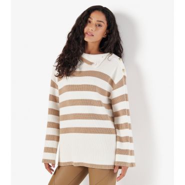 Women's Stone Stripe Button Shoulder Jumper Apricot New Look