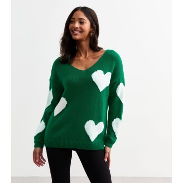 Women's Green Heart V Neck Jumper Gini London New Look