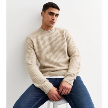 Men's Cream Regular Ribbed Knit Crew Neck Jumper Jack & Jones New Look