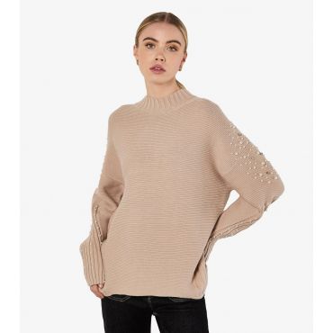 Women's Light Brown Pearl Embellished Oversized Jumper Apricot New Look