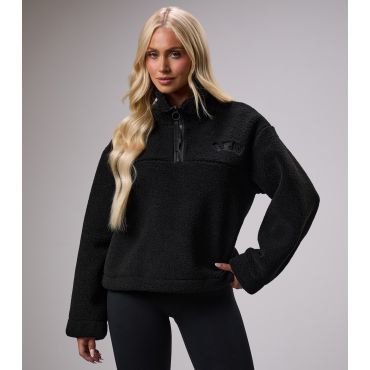 Women's Black Fleece Quarter Zip Sweatshirt Gym King New Look