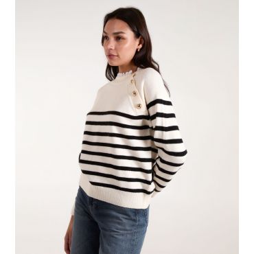 Women's Stone Striped Button Shoulder Jumper Blue Vanilla New Look