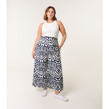 Women's Navy Abstract Print Shirred Waist Trousers Blue Vanilla New Look