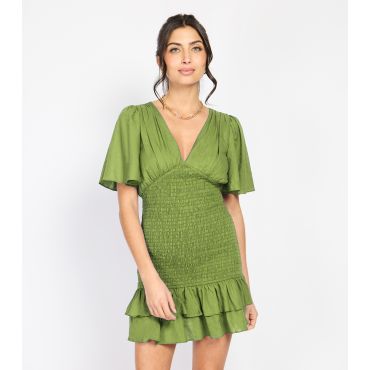 Women's Green Shirred Frilly Hem Mini Dress Little Mistress New Look