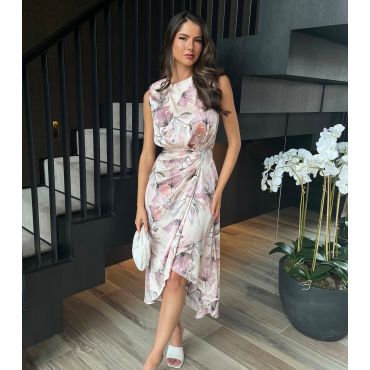 Women's Pink Floral Print Gathered Satin Midi Dress AX Paris New Look