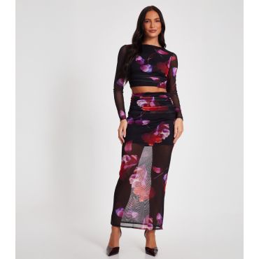 Women's Black Floral Print Mesh Crop Top Quiz New Look