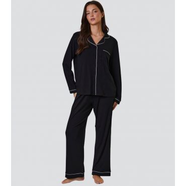 Women's Black Ribbed Shirt and Trousers Pyjama Set Loungeable New Look