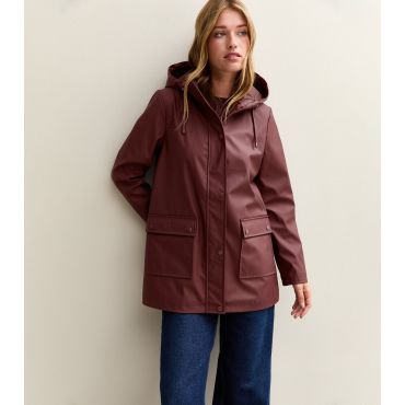 Women's Burgundy Water Resistant Drawstring Hood Rain Anorak New Look