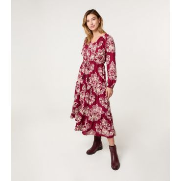 Women's Burgundy Boho Print Tiered Dress Blue Vanilla New Look