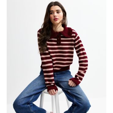 Women's Red Striped Frill Collar Knit Jumper Tokyo Doll New Look