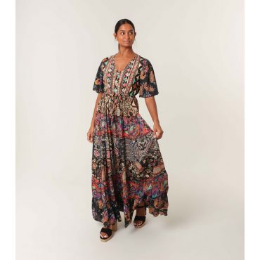Women's Black Pattern Print Angel Sleeve Maxi Dress Blue Vanilla New Look