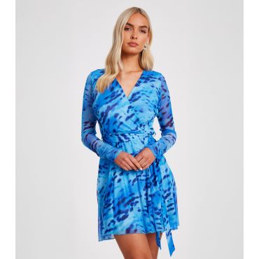 Women's Blue Abstract Print Mini Wrap Dress Quiz New Look