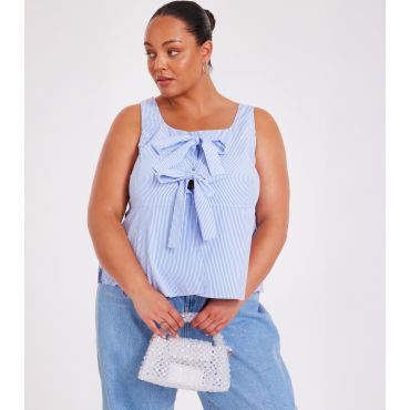 Women's Plus Size Blue Striped Bow Front Peplum Top Curves Quiz New Look