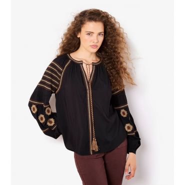 Women's Black Embroidered Tasseled Blouse Apricot New Look