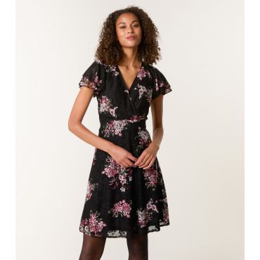 Women's Black Floral Mesh Wrap Style Mini Dress Blue Vanilla New Look