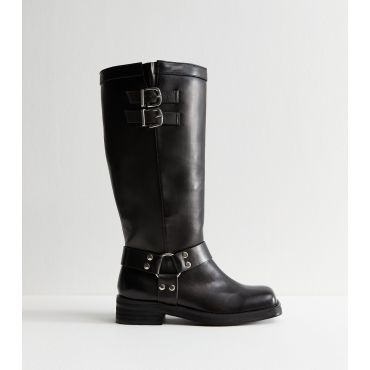 Women's Wide Fit Black Faux Leather Buckled Tab Biker Boots Public Desire New Look