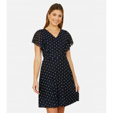 Women's Navy Spot Print Frill Sleeve Mini Dress Yumi New Look