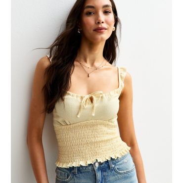 Women's Yellow Check Print Frill Sleeve Shirred Cami Top New Look