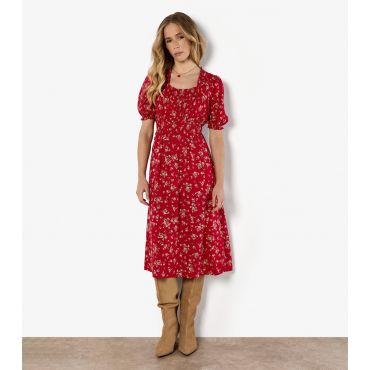 Women's Red Floral Print Short Sleeve Midi Dress Apricot New Look