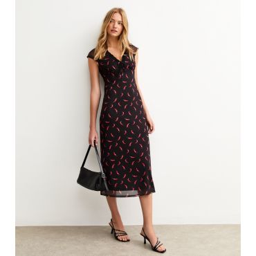 Women's Black Chilli Print Cap Sleeve Mesh Midi Dress New Look