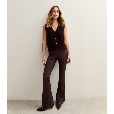 Women's Burgundy Ribbed Jersey Flared Trousers New Look