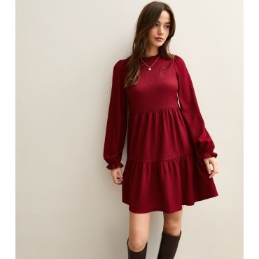 Women's Dark Red Crinkled Ruffled Neck Smock Mini Dress New Look