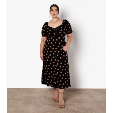 Women's Curve Black Polka Dot Tie Neck Midi Dress Apricot New Look