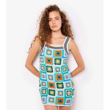 Women's Blue Square Pattern Crochet Mini Dress Apricot New Look