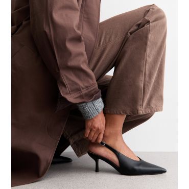 Women's Black Faux Leather High Vamp Kitten Heel Slingback Pumps Vegan New Look