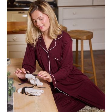 Women's Dark Purple Contrast Piping Shirt and Trousers Pyjama Set Loungeable New Look