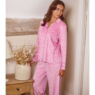 Women's Valentines Pink Heart Super Soft Velour Buttoned Pyjama Set Loungeable New Look