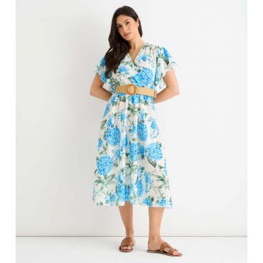 Women's Light Blue Floral Print Belted Wrap Midi Dress Gini London New Look