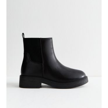 Women's Wide Fit Black Faux Leather Chunky Sole Chelsea Ankle Boots Vegan New Look