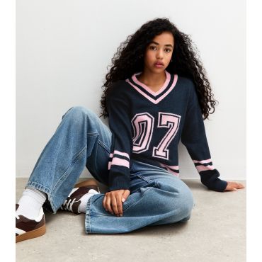 Girls' Navy 07 Striped Football V -Neck Jumper New Look