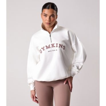 Women's Cream Compose Logo Appliqued Quarter Zip Sweatshirt Gym King New Look