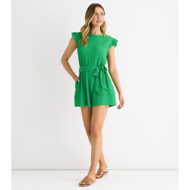 Women's Green Frilly Trim Textured Playsuit Gini London New Look