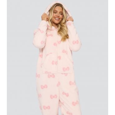 Women's Pink Bow Print Sherpa Onesie Loungeable New Look