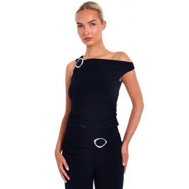 Women's Navy Buckle Detail Ruched Top Quiz New Look