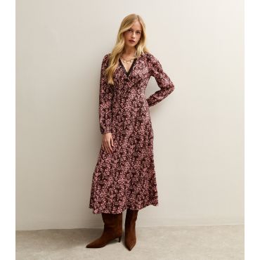 Women's Pink Burgundy Floral Print Midi Dress New Look