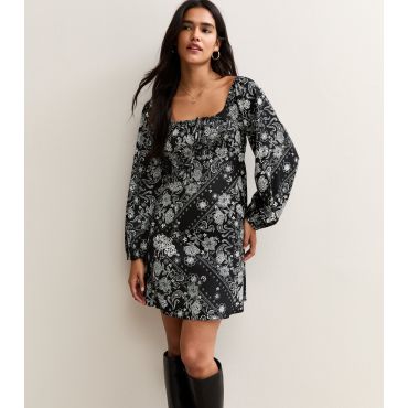Women's Black Paisley Print Long Sleeve Milkmaid Mini Dress New Look