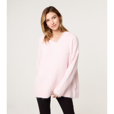Women's Light Pink Knitted V-Neck Jumper Blue Vanilla New Look