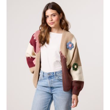 Women's Brown Colourblock Floral Embroidered Cardigan Blue Vanilla New Look