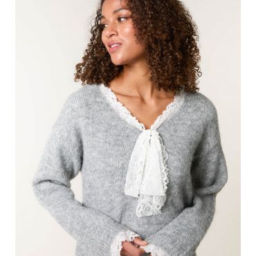 Women's Grey Lace Trim Knit Jumper Blue Vanilla New Look
