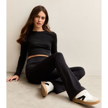 Women's Petite Black High Waist Stretch Cotton Kick Flare Leggings New Look