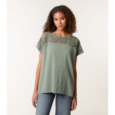 Women's Dark Khaki Lace Pattern Top Blue Vanilla New Look