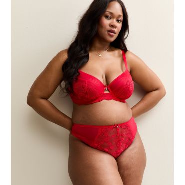 Women's Plus Size Red Floral Lace Panel Mesh Thong Curves New Look