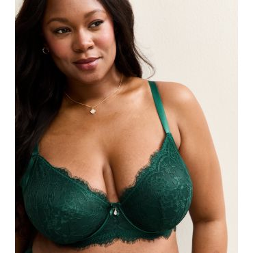 Women's Plus Size Dark Green Eyelash Lace Satin Padded Bra Curves New Look