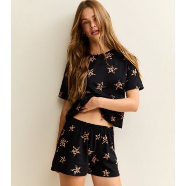 Women's Black Leopard Print Star Short Sleeve Top and Shorts Pyjama Set New Look